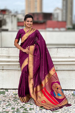 Wine Paithani Woven Silk Saree