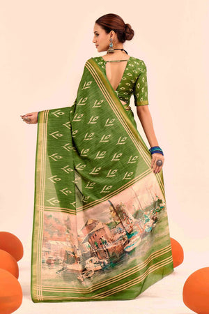 Green Digital Printed Silk Saree