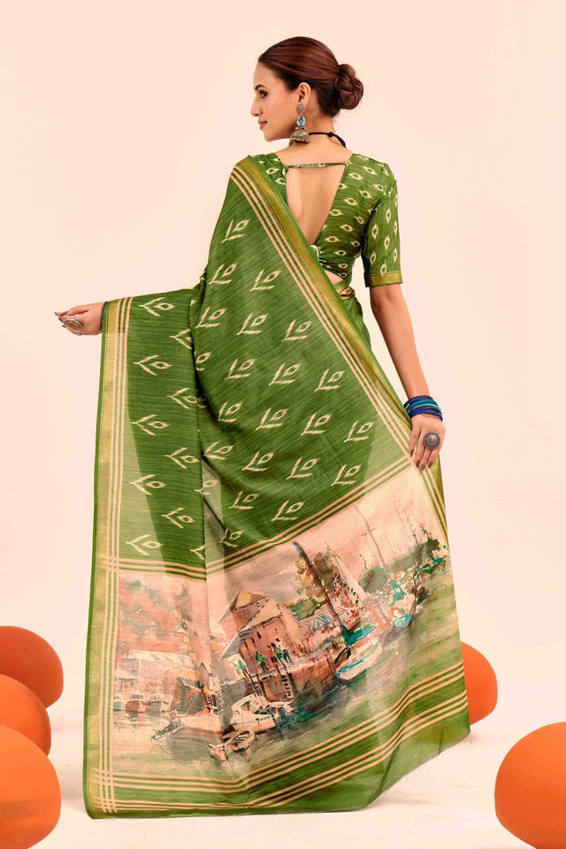 Green Digital Printed Silk Saree