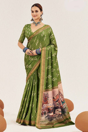 Green Digital Printed Silk Saree