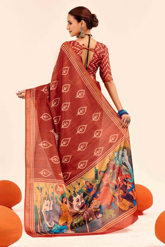 Rust Digital Printed Silk Saree