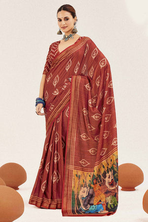 Rust Digital Printed Silk Saree