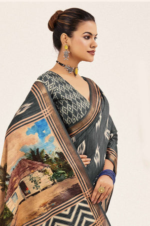 Grey Digital Printed Silk Saree