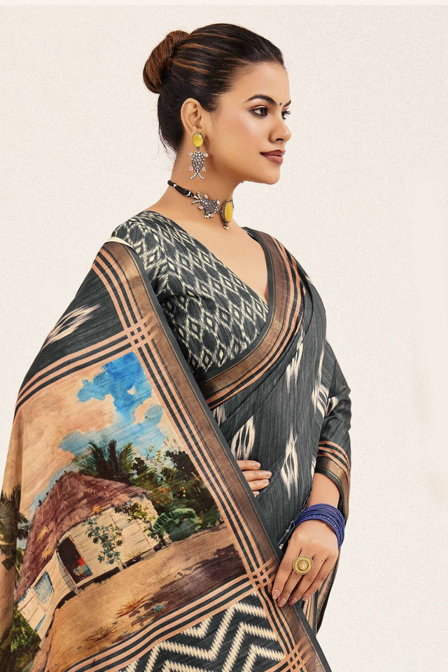 Grey Digital Printed Silk Saree