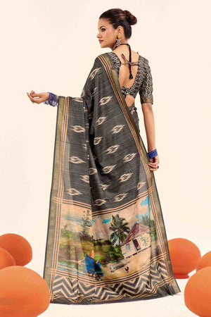 Grey Digital Printed Silk Saree