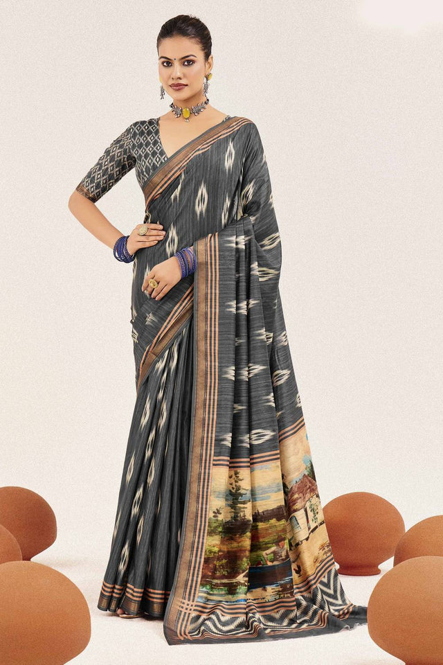 Grey Digital Printed Silk Saree