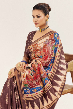 Brown Digital Printed Silk Saree