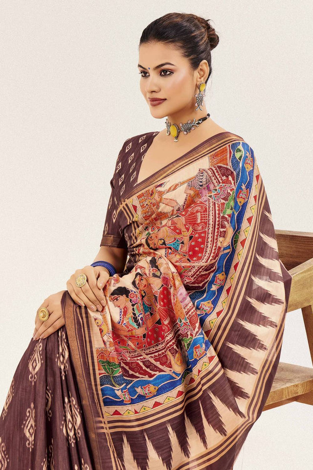 Brown Digital Printed Silk Saree