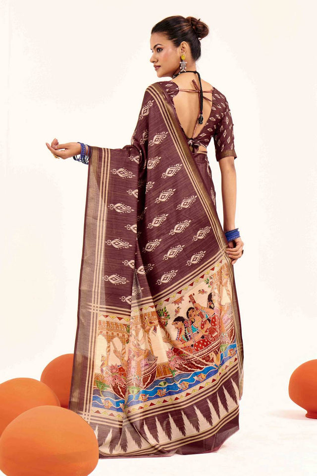 Brown Digital Printed Silk Saree