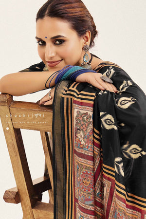 Black Digital Printed Silk Saree