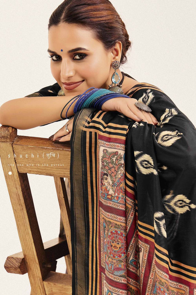 Black Digital Printed Silk Saree