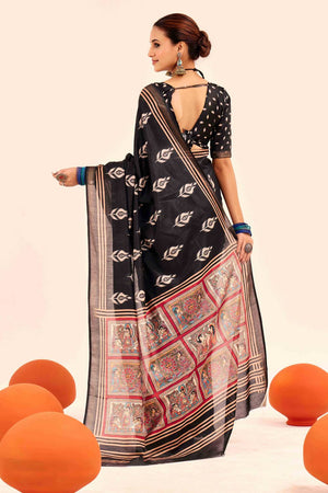 Black Digital Printed Silk Saree
