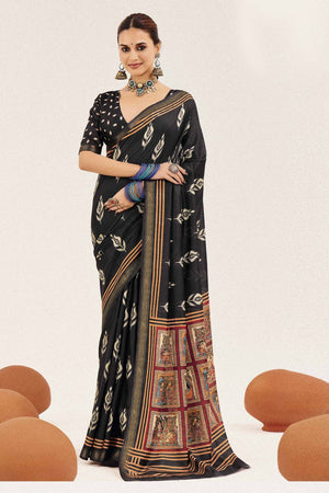 Black Digital Printed Silk Saree