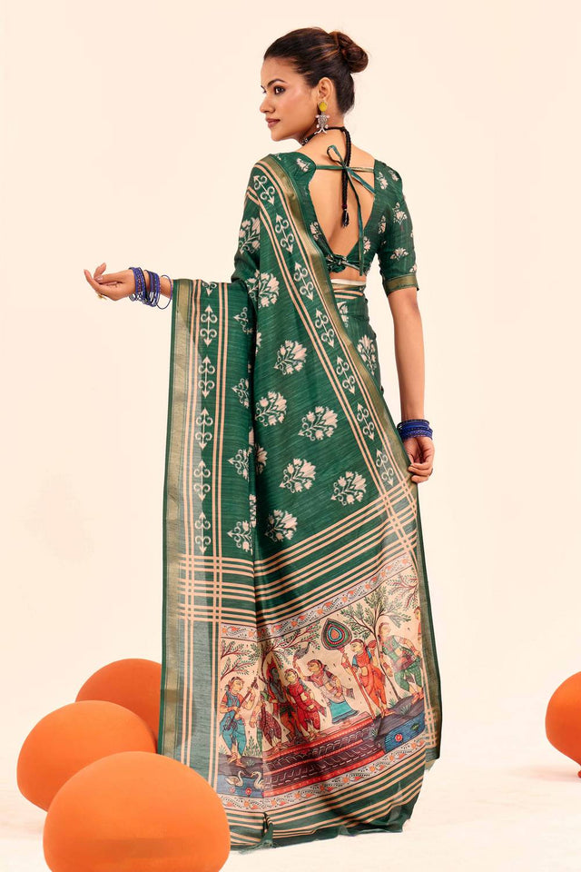 Green Digital Printed Silk Saree