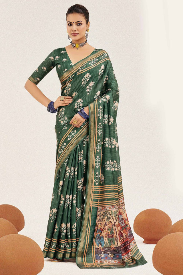 Green Digital Printed Silk Saree