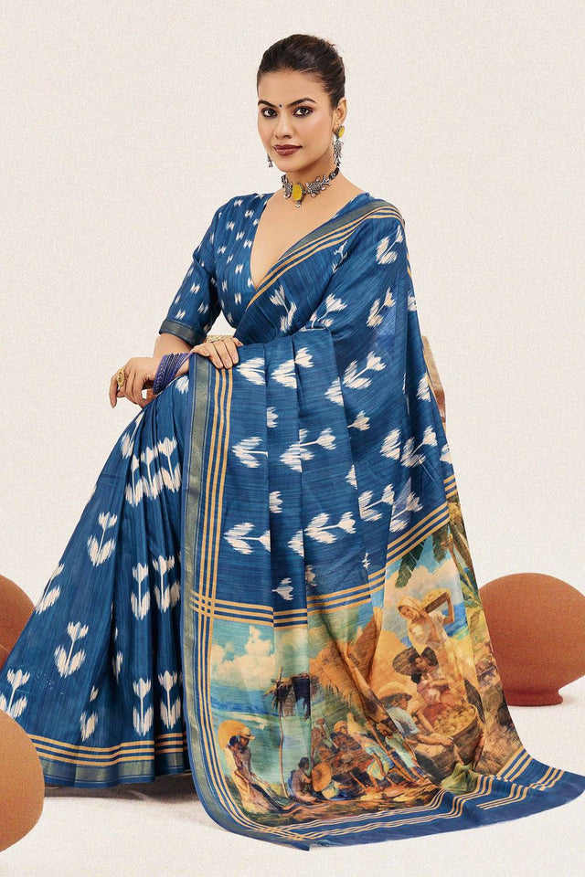 Blue Digital Printed Silk Saree
