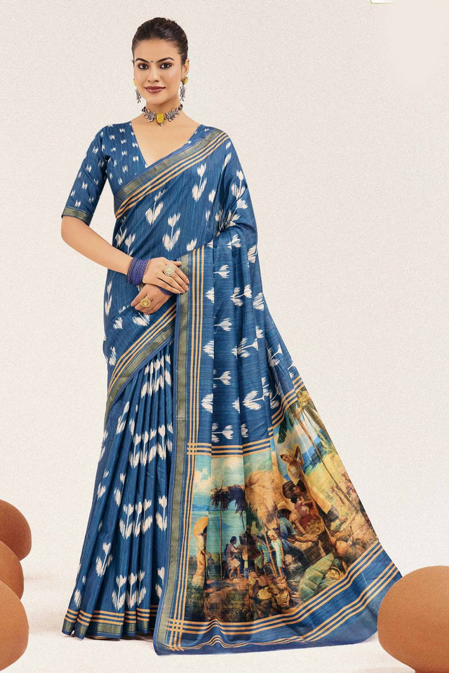 Blue Digital Printed Silk Saree