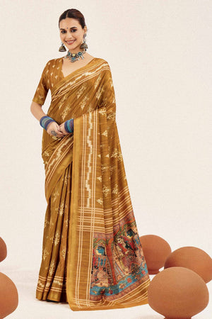 Mustard Digital Printed Silk Saree