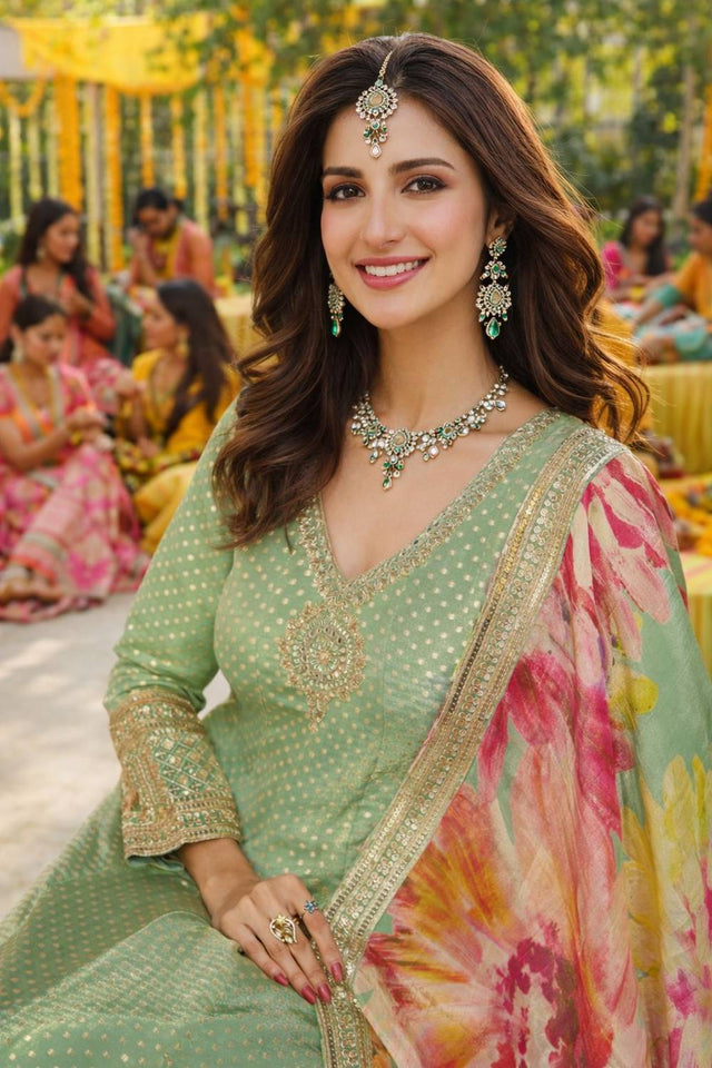 Green Embroidered Viscose Gown