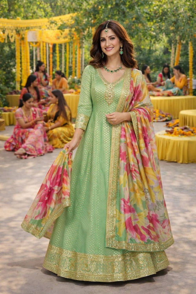 Green Embroidered Viscose Gown