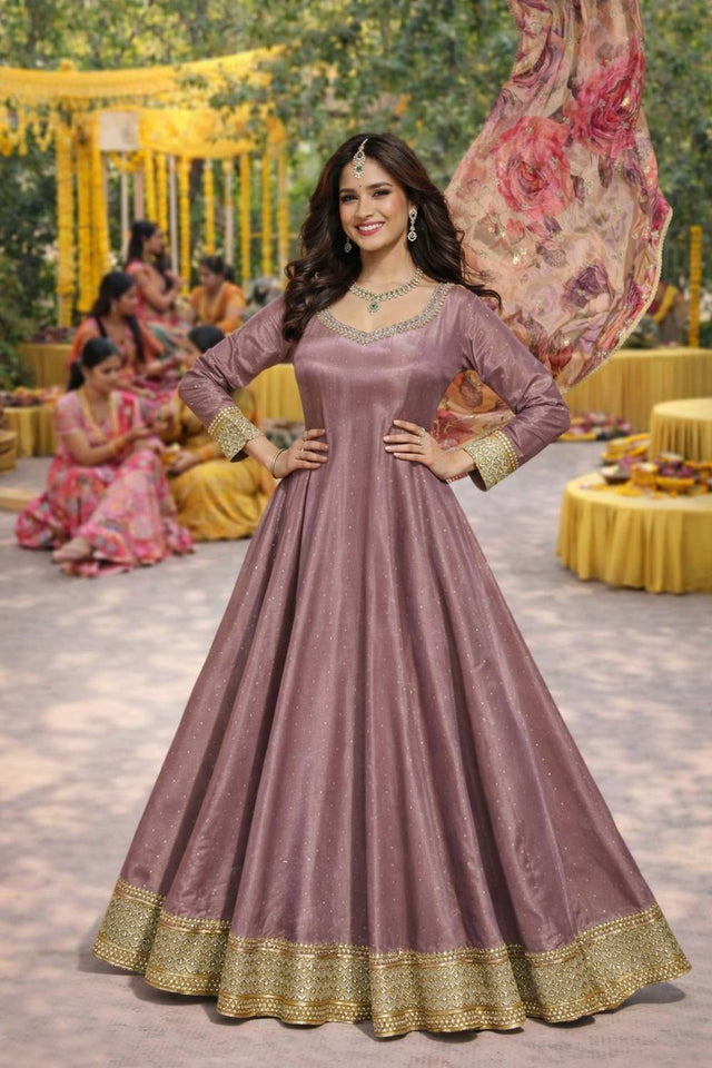 Pink Embroidered Viscose Gown