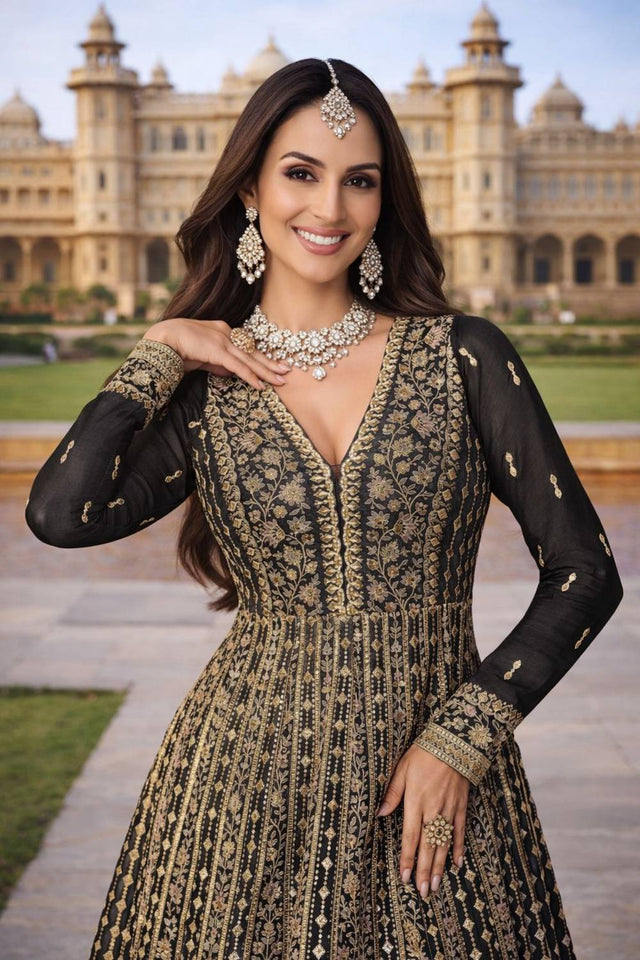 Black Embroidered Chinon Gown