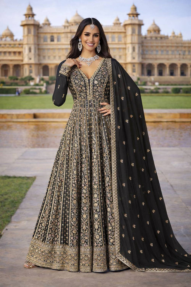 Black Embroidered Chinon Gown