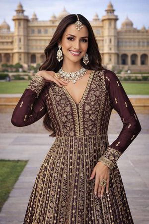 Brown Embroidered Chinon Gown