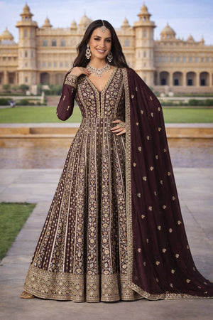 Brown Embroidered Chinon Gown