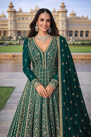 Turquoise Embroidered Chinon Gown