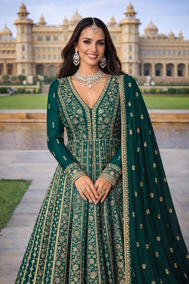 Turquoise Embroidered Chinon Gown