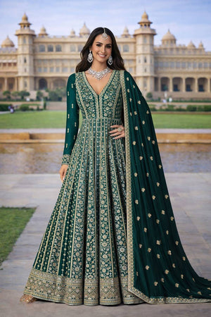 Turquoise Embroidered Chinon Gown