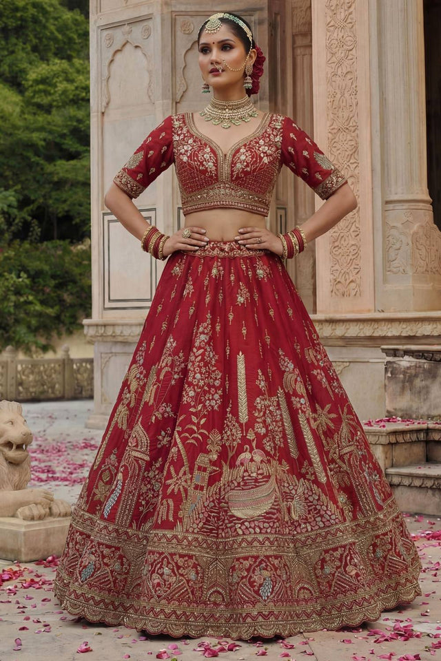Red Sequin with Embroidered Silk Lehenga