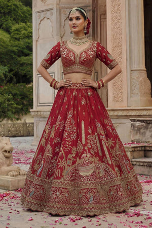 Red Sequin with Embroidered Silk Lehenga