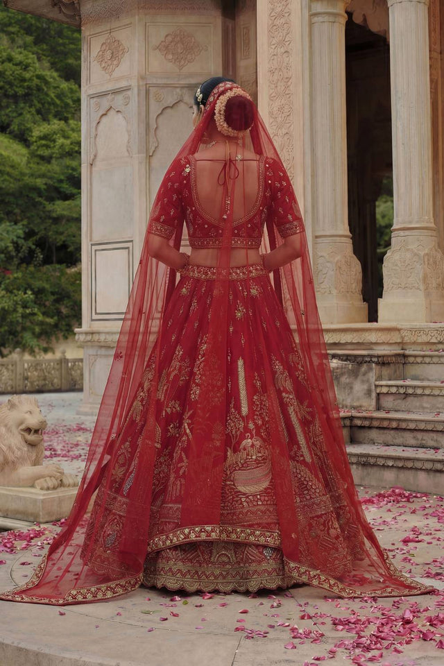 Red Sequin with Embroidered Silk Lehenga