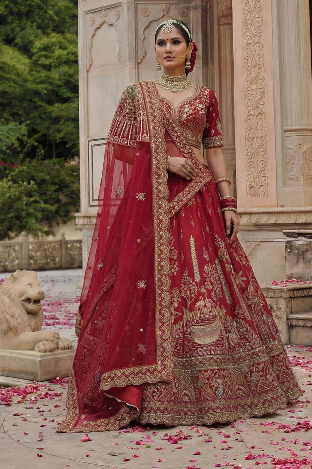 Red Sequin with Embroidered Silk Lehenga