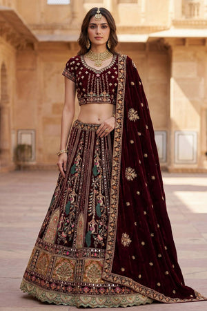 Maroon Sequin with Embroidered Silk Lehenga