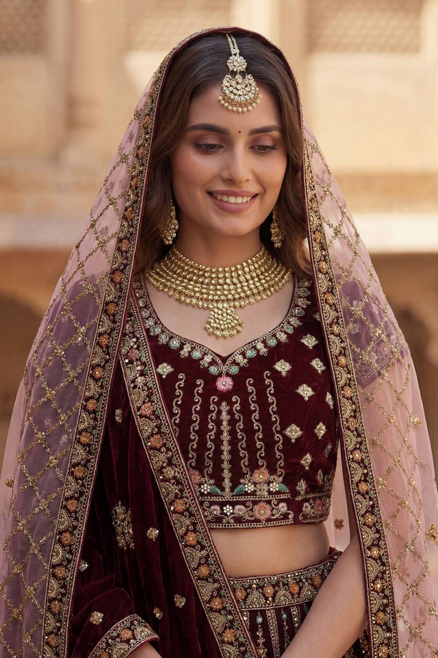 Maroon Sequin with Embroidered Silk Lehenga