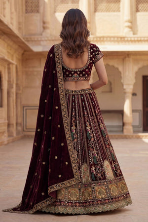 Maroon Sequin with Embroidered Silk Lehenga