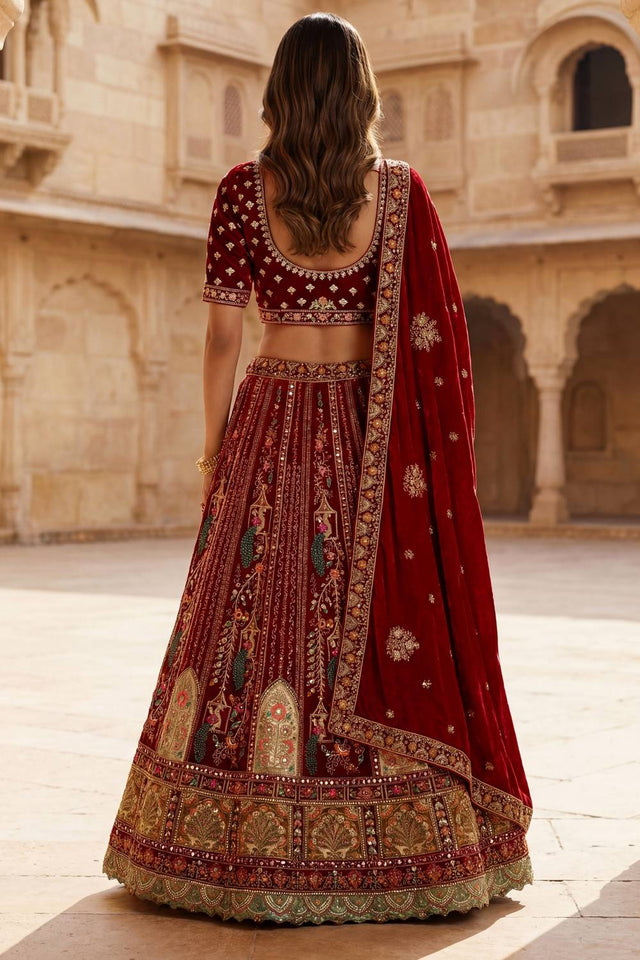 Red Sequin with Embroidered Silk Lehenga