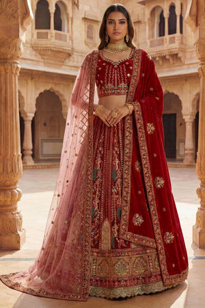 Red Sequin with Embroidered Silk Lehenga