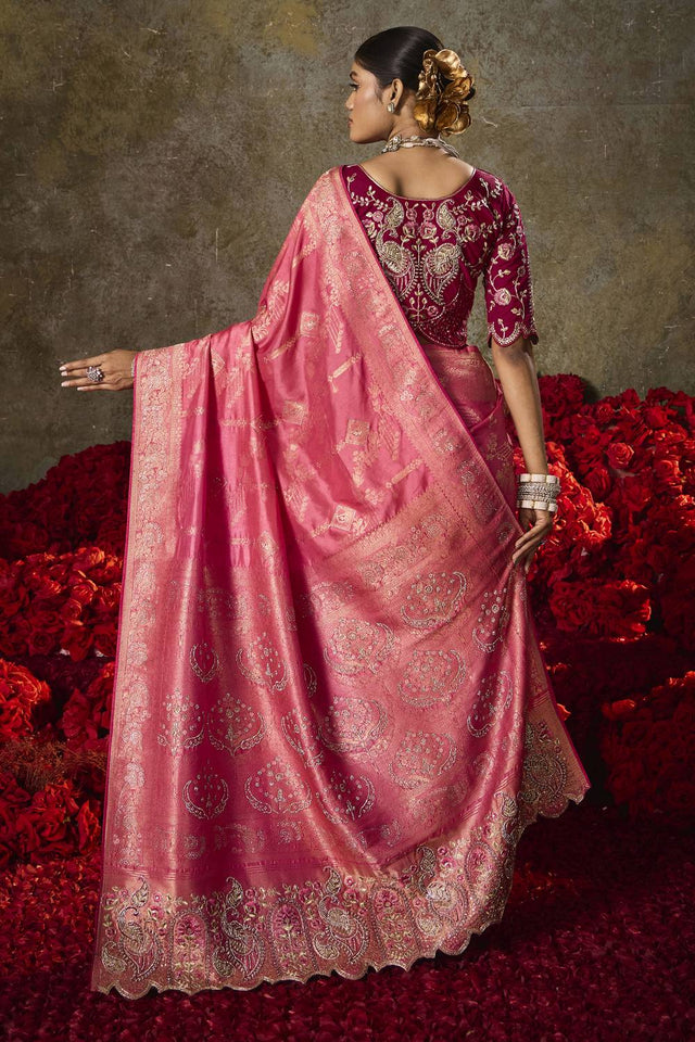 Pink Woven Silk Saree