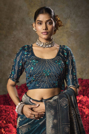 Turquoise Woven Silk Saree