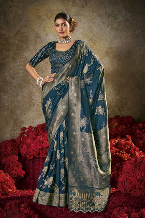 Turquoise Woven Silk Saree