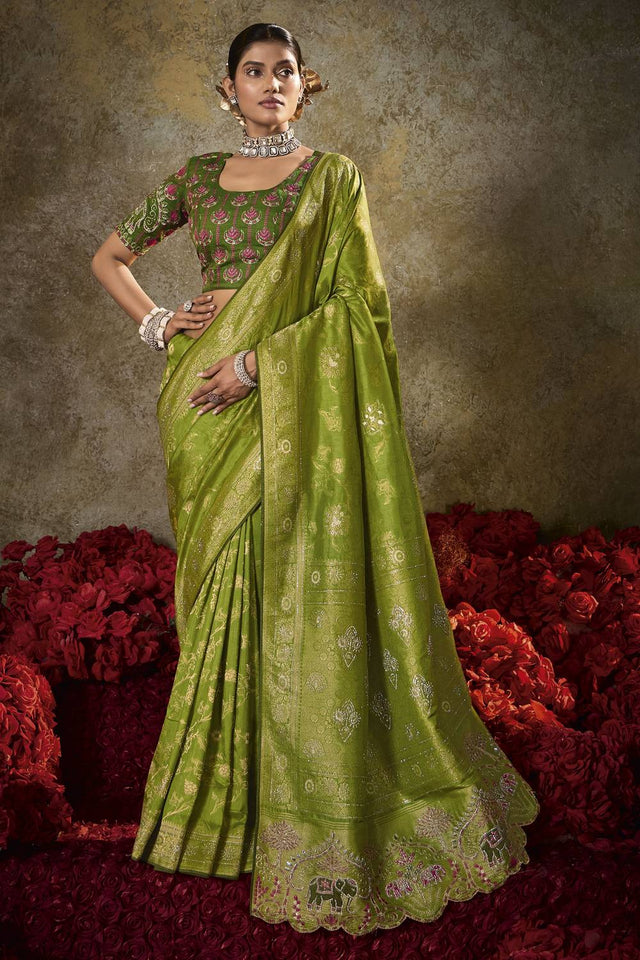 Dark Green Woven Silk Saree