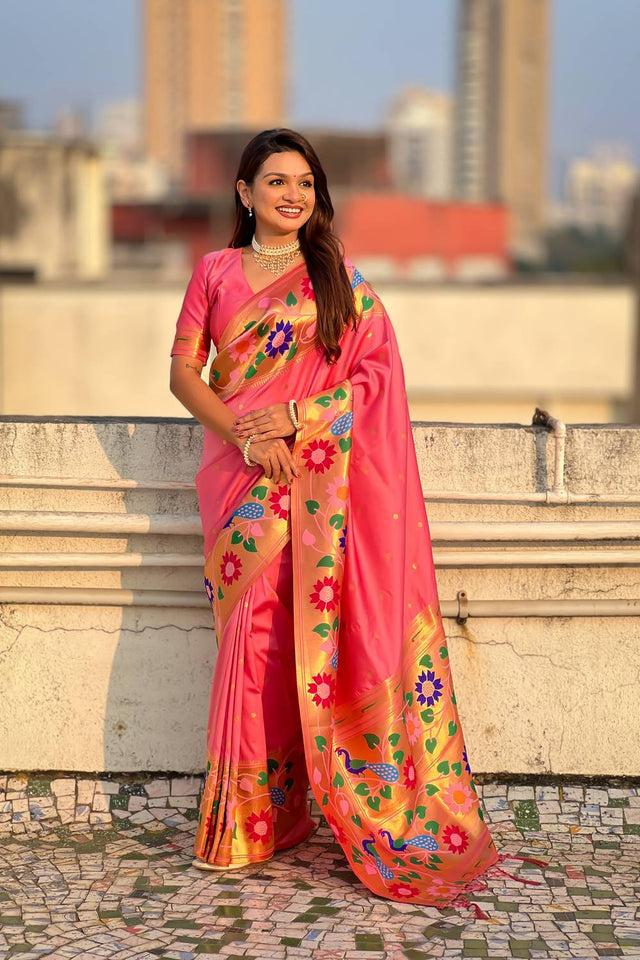 Light Pink Woven Paithani Silk Saree