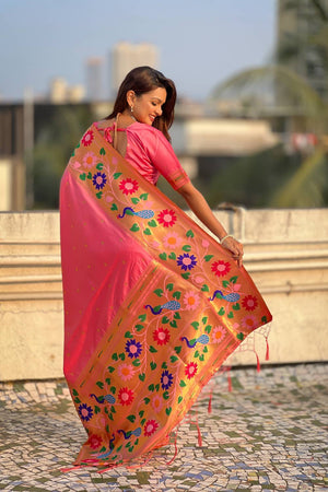 Light Pink Woven Paithani Silk Saree