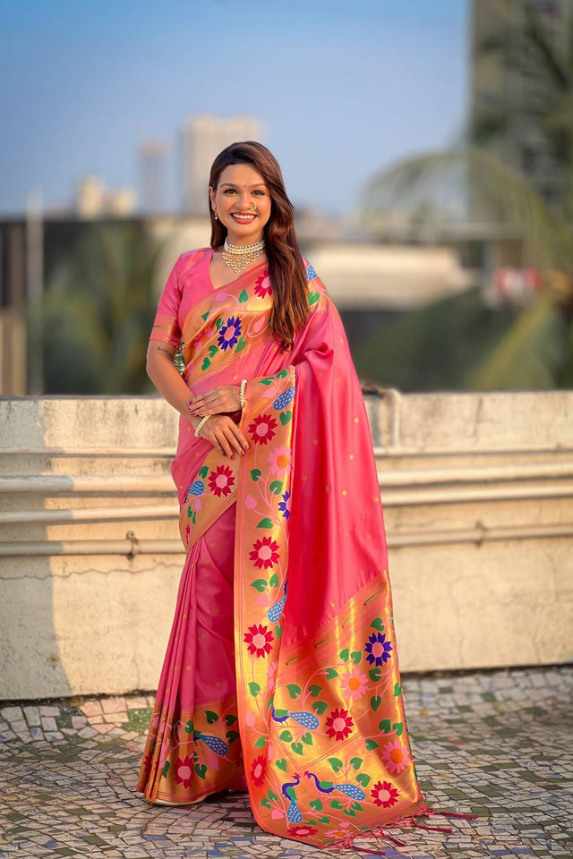 Light Pink Woven Paithani Silk Saree