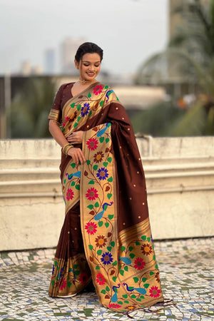 Brown Woven Paithani Silk Saree