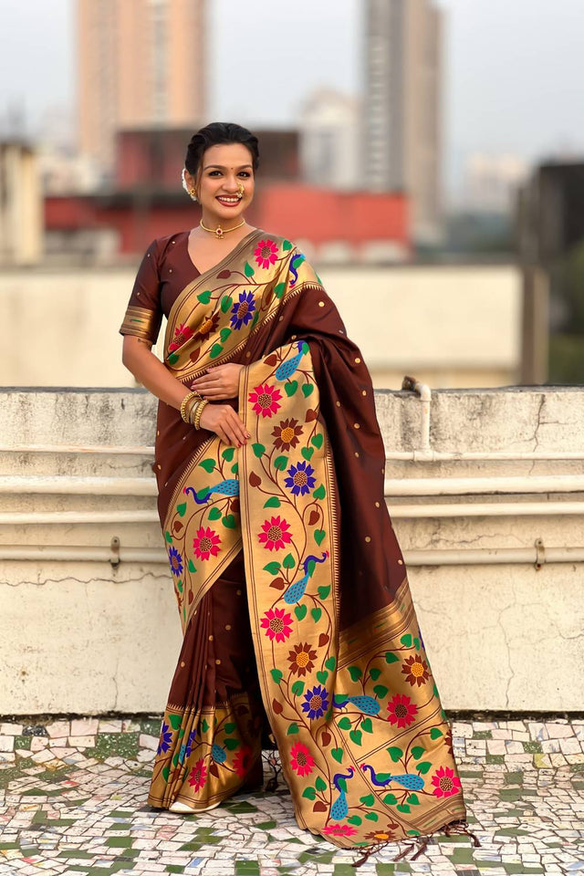 Brown Woven Paithani Silk Saree